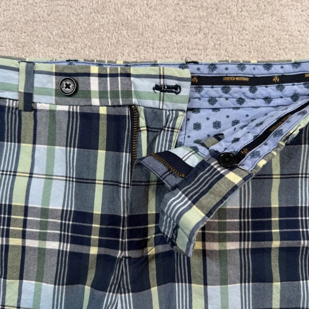 Brooks Brothers Bermuda Shorts Mens 32 Plaid Blue Green Cotton Stretch Waistband